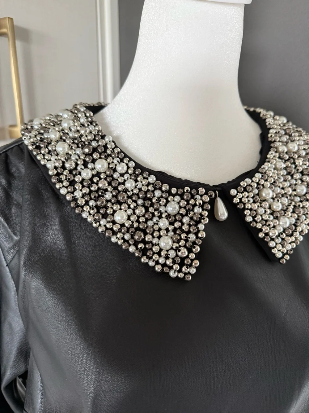 Anthropologie Black Faux-Leather Blouse with Beaded Pearl Collar